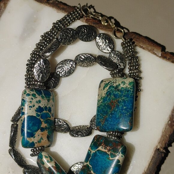 Vintage Silver Necklace Unknown Stone Brown Turquoise Tone Chunky Statement - Picture 12 of 16